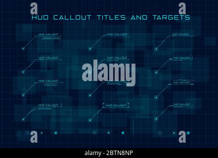 Set of blue callout titles and targets in HUD style on dark blue digital hi tech background. Editable stroke. Good for animation. Vector Stock Vector