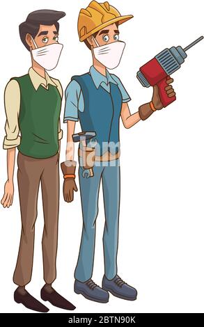 builder using medical mask with drill and man Stock Vector