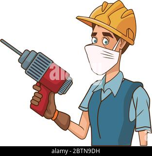builder using medical mask with drill Stock Vector