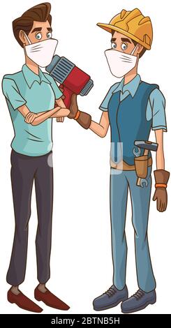 builder using medical mask with drill and man Stock Vector