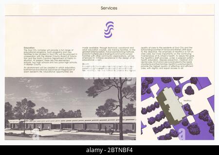Services. This pamphlet is one of eight found in a portfolio of promotional materials for the housing development Soul City in North Carolina.A pamphlet titled Services. The pamphlet is one of eight found in a portfolio titled Soul City. The pamphlet is printed using purple and black ink. Stock Photo
