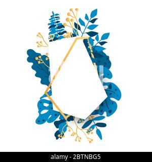 Abstract polyhedron gold floral frame with blue exotic tropical leaves, branch, berries. Empty template for text. Luxury decorative modern polygonal geometric white banner closeup. Vector illustration Stock Vector