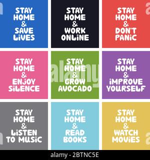 Colorful banner collection quotes about home activities during quarantine. Stay home and save lives, work online, do not panic, enjoy silence, read Stock Vector