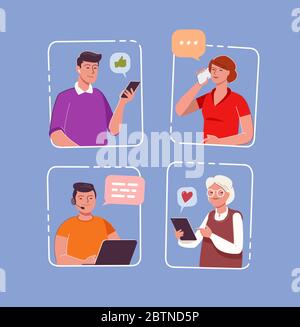 Internet communication, network. People messaging cartoon vector illustration Stock Vector