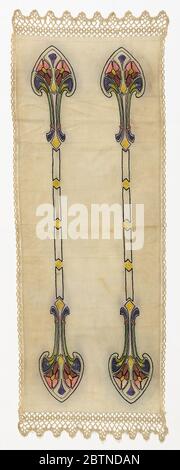 Table runner. Long, rectangular off-white table runner with a pair of double headed, elongated spade-like forms containing stylized geometrical floral motifs embroidered in shades of purple, yellow, green, black, salmon-pink and dark orange. Crocheted border on all sides. Stock Photo