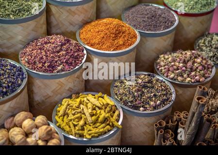Assorted Spices in the Old Souk in Dubai, United Arab Emirates Stock Photo