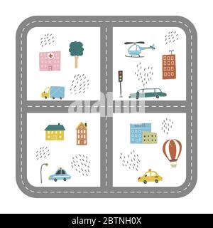Cartoon cute kids map with car, road, city landscape elements. Cars, building, road of hand drawn, children toy style. Vector illustration. Stock Vector