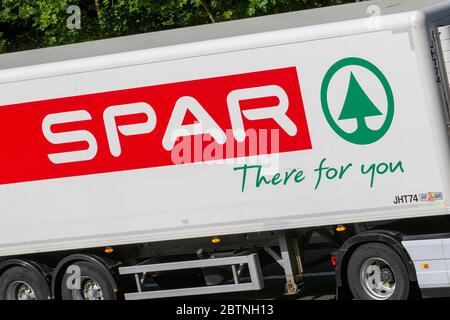 Spar Haulage delivery trucks, lorry, transportation, truck, cargo carrier, vehicle, European commercial transport industry HGV, M6 at Manchester, UK Stock Photo