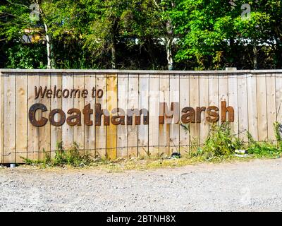 Welcome to Coatham Marsh sign in Warrenby Redcar Cleveland, the sign is made from sheet steel as the nature reserve was once part of the steel works Stock Photo