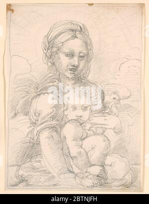 The Virgin and Child. Research in ProgressThe Child sits upon a cushion, lifting his right left and holding his right ankle with his right hand. The right shoulder covers part of the chin. Mary, standing behind him, holding his left arm with her left hand. A bird in his left hand. Stock Photo