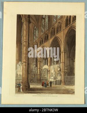 Westminster Abbey from Ackermanns Repository. Research in ProgressChurch interior with high Gothic arches. Baroque tombs and statues between the pillars. A few sightseers. Title, artists', and publisher's names below. Stock Photo