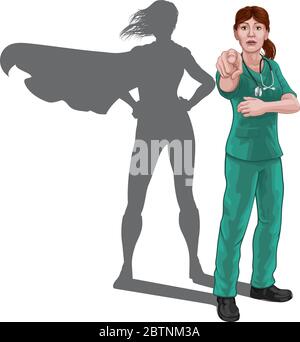 Nurse Doctor Woman Super Hero Shadow Pointing Stock Vector