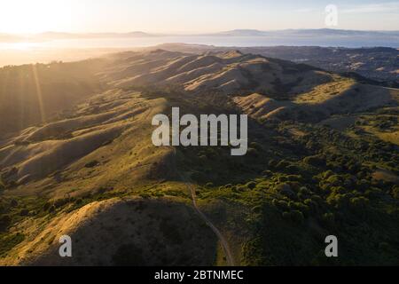 Late afternoon sunlight illuminates the beautiful, rural hills and valleys of the East Bay, just east of San Francisco Bay in Northern California.