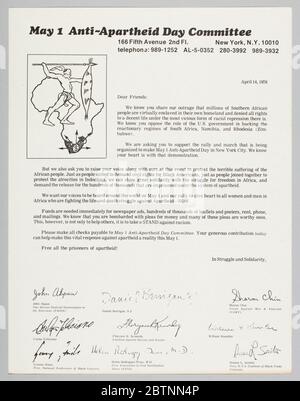 Letter requesting support for the AntiApartheid Day rally. This letter requests support for the May 1 Anti-Apartheid Day in New York City. The memo is white paper with black text. The heading reads: [May 1 Anti-Apartheid Day Committee]. Stock Photo