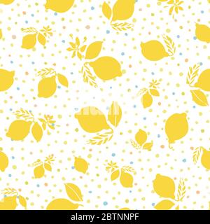 Vector graphic summer lemon citrus dot pattern. Geometric modern summer repeating design. Hand drawn bright citrus fruit pattern with leaf and blossom on dotted background. Classy simple summer backdrop. Stock Vector