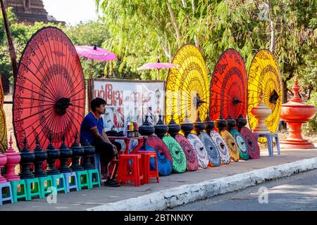 Souvenir Parasols For Sale, Bagan, Mandalay Region, Myanmar. Stock Photo