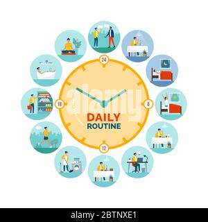 Clock with daily activities routine: woman perfoming different tasks during day and night, healthy lifestyle and biological rhythms concept Stock Vector