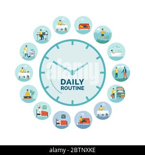 Clock with daily activities routine: woman perfoming different tasks during day and night, healthy lifestyle and biological rhythms concept Stock Vector