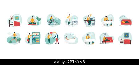 Daily routine, tasks and activities of an efficient happy woman, healthy lifestyle concept Stock Vector