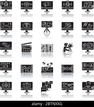 Video production drop shadow black glyph icons set Stock Vector