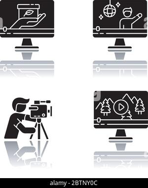 Filmmaking and videography drop shadow black glyph icons set Stock Vector