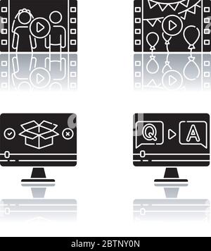 Video content drop shadow black glyph icons set Stock Vector