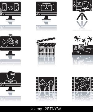 Video production drop shadow black glyph icons set Stock Vector