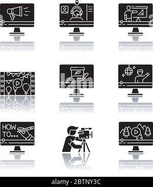 Videography drop shadow black glyph icons set Stock Vector