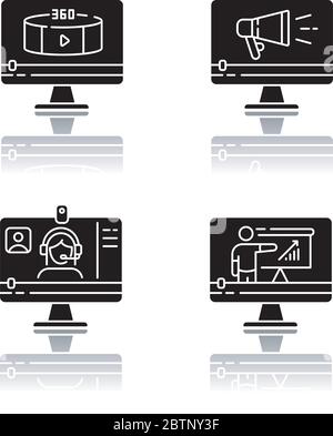 Internet video drop shadow black glyph icons set Stock Vector