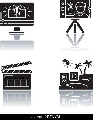 Filmmaking and Internet blogging drop shadow black glyph icons set Stock Vector
