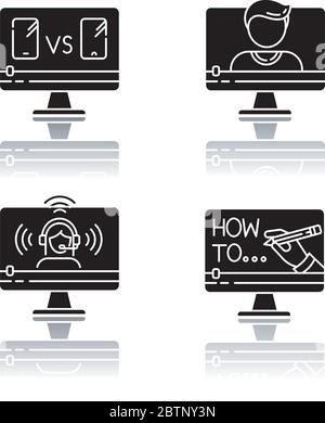 Online video watching drop shadow black glyph icons set Stock Vector
