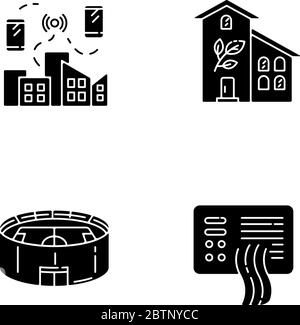 City buildings black glyph icons set on white space Stock Vector