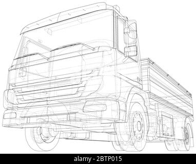 Flatbed truck vector illustration. Wire-frame line isolated. Vector rendering of 3d. Stock Vector