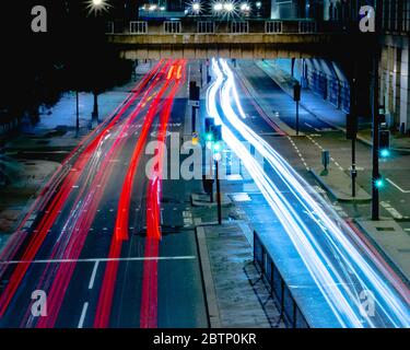 Light trails on a busy road in central London. Stock Photo