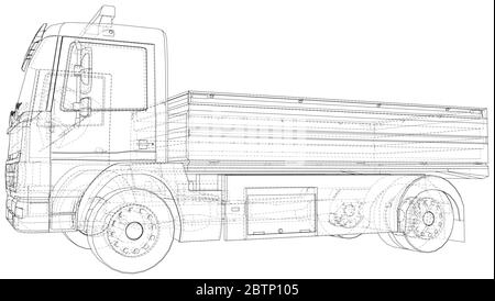 Flatbed truck vector illustration. Wire-frame line isolated. Vector rendering of 3d. Stock Vector