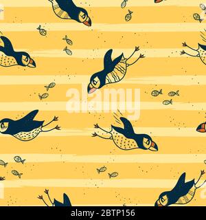 Cute hand drawn puffin seamless pattern, lovely doodle birds background, great for textiles, banners, wallpapers - vector design Stock Vector