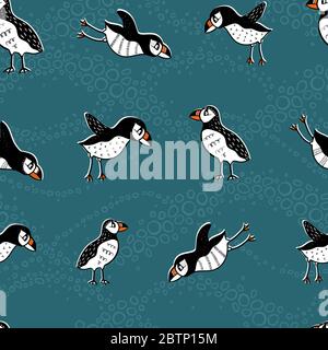 Cute hand drawn puffin seamless pattern, lovely doodle birds background, great for textiles, banners, wallpapers - vector design Stock Vector