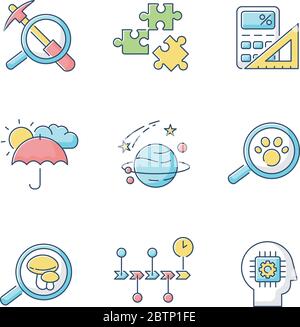 Scientific fields RGB color icons set Stock Vector