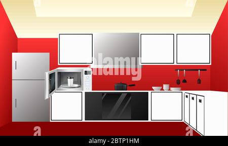 illustration of kitchen view with microwave oven and hot cup coffee Stock Vector