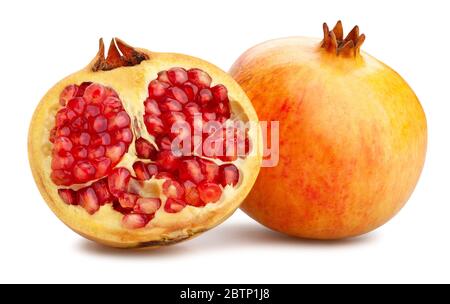 sliced yellow seedless pomegranate path isolated on white Stock Photo