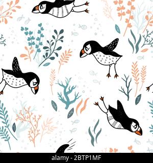 Cute hand drawn puffin seamless pattern, lovely doodle birds background, great for textiles, banners, wallpapers - vector design Stock Vector
