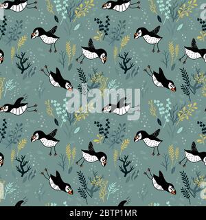 Cute hand drawn puffin seamless pattern, lovely doodle birds background, great for textiles, banners, wallpapers - vector design Stock Vector