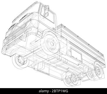 Flatbed truck vector illustration. Wire-frame line isolated. Vector rendering of 3d. Stock Vector