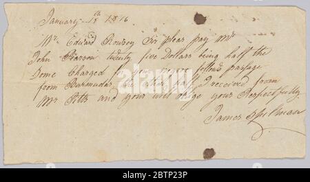 Payment request for passage of an enslaved man from Bermuda to Virginia. This document is from a collection of financial papers related to the plantation operations of several generations of the Rouzee Family in Essex County, Virginia. Stock Photo