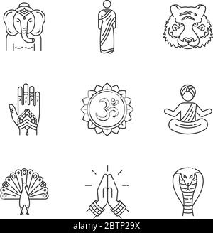 Indian spiritual symbols pixel perfect linear icons set Stock Vector