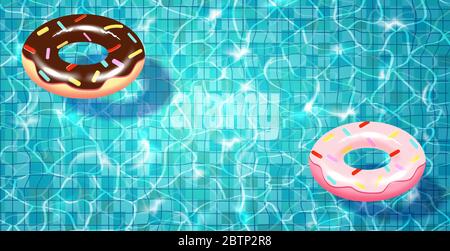 Swimming pool with floating realistic swimming ring,blue water, ripples and highlights. Stock Vector