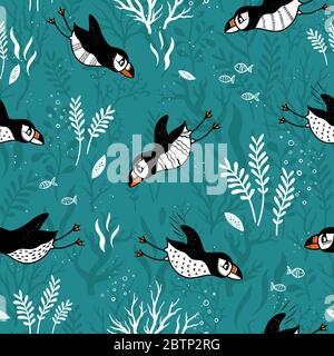 Cute hand drawn puffin seamless pattern, lovely doodle birds background, great for textiles, banners, wallpapers - vector design Stock Vector