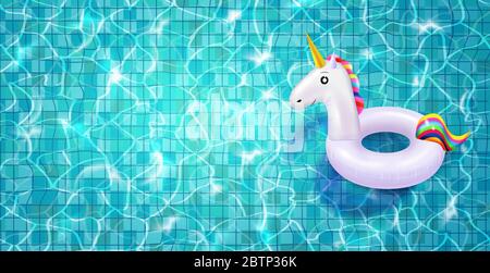 Swimming pool with floating realistic swimming ring,blue water, ripples and highlights. Stock Vector