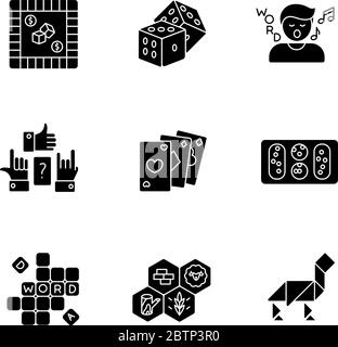 Entertaining games black glyph icons set on white space Stock Vector