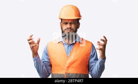 Mad Construction Worker Posing Gesturing Emotionally Over White Background, Panorama Stock Photo